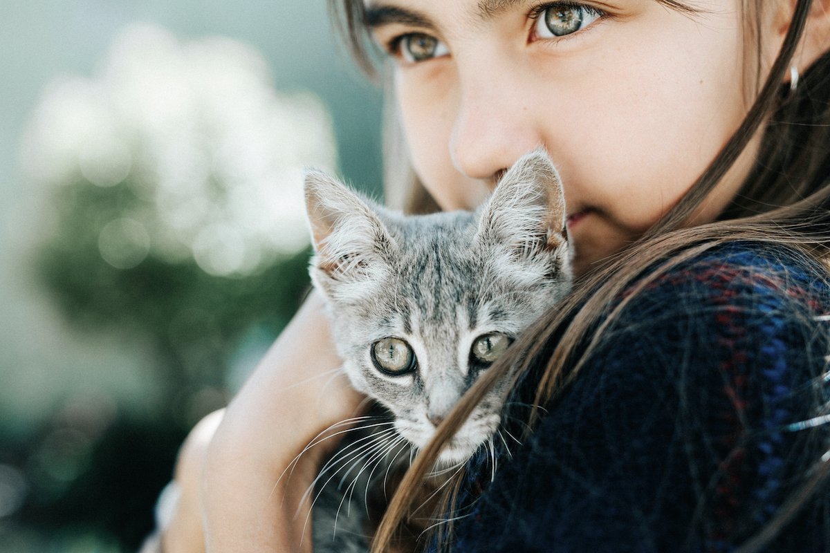 Portrait of child with kitten