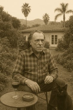 charles bukowski macskával ai által generált