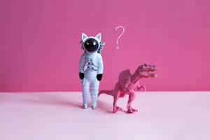 macska szkafanderben és egy rózsaszín dinoszaurusz